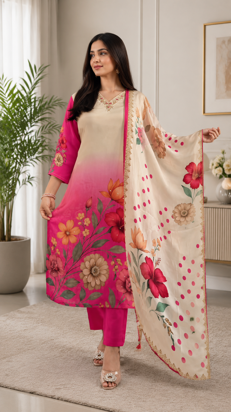 Elegant Soft Waves Silk Kurti Pant Dupatta Set
