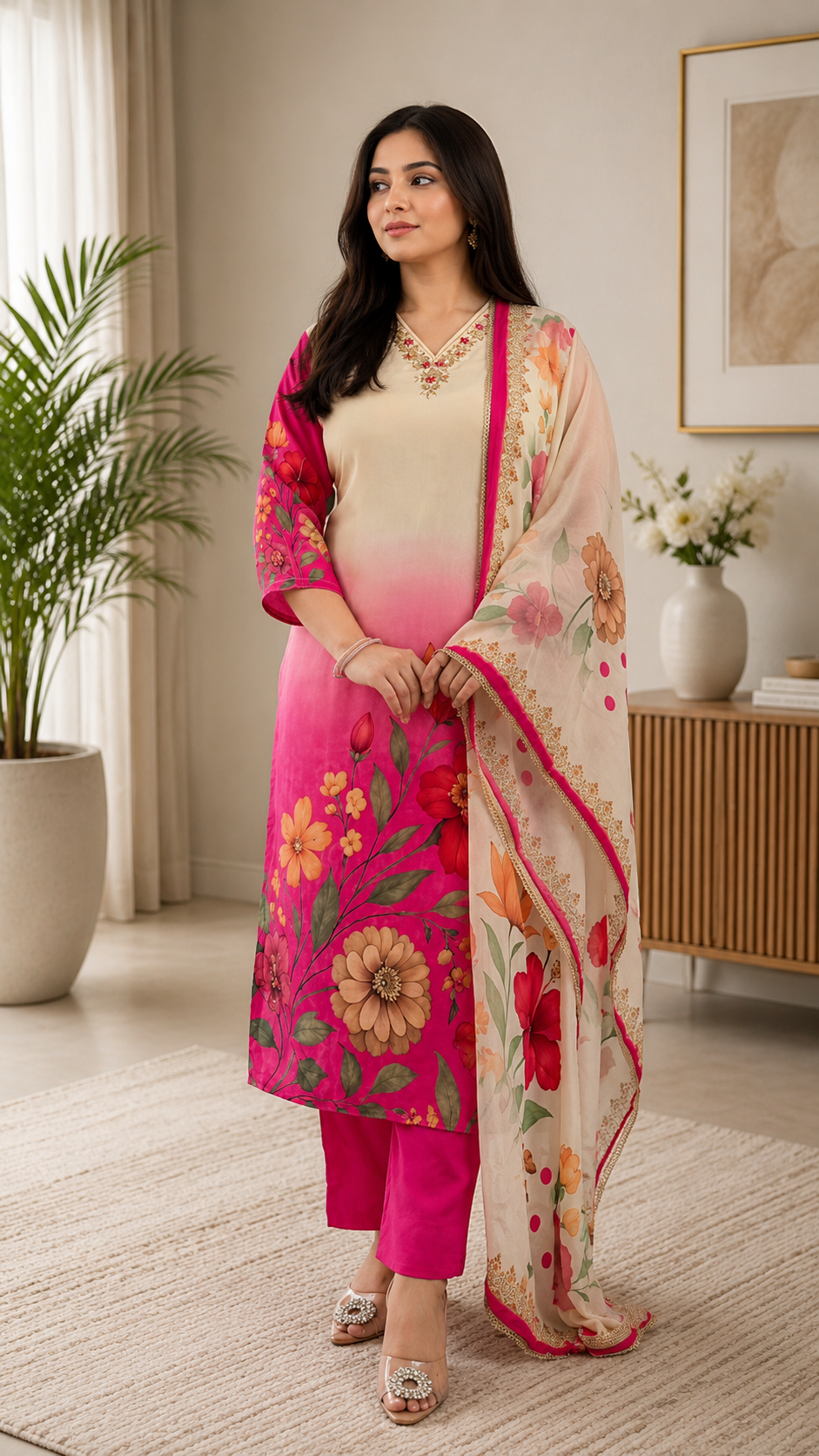 Elegant Soft Waves Silk Kurti Pant Dupatta Set