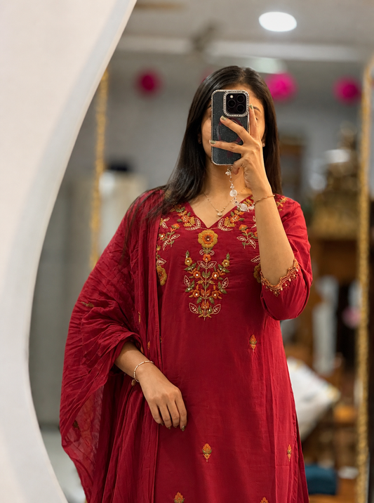 Handwork Embroidery Cotton Kurta 3-Piece Set