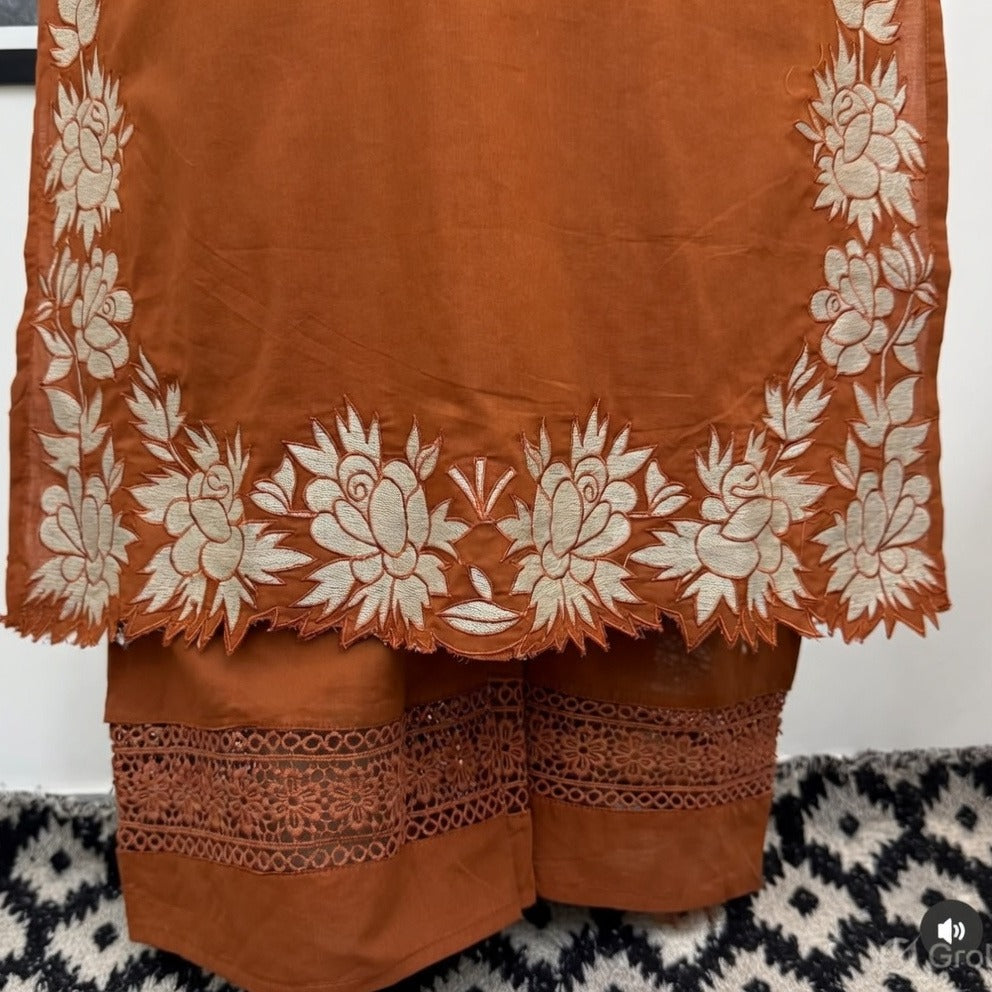 Elegant Rust 3-Piece Cotton Kurta Set