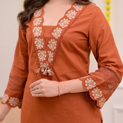 Elegant Rust Cotton Kurta 3-Piece Set