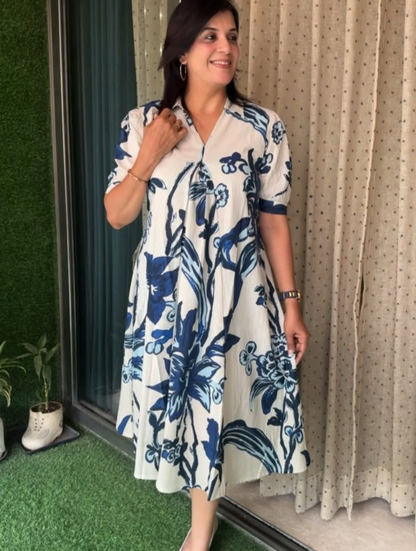 Cotton Flex Printed Blue Midi Dress