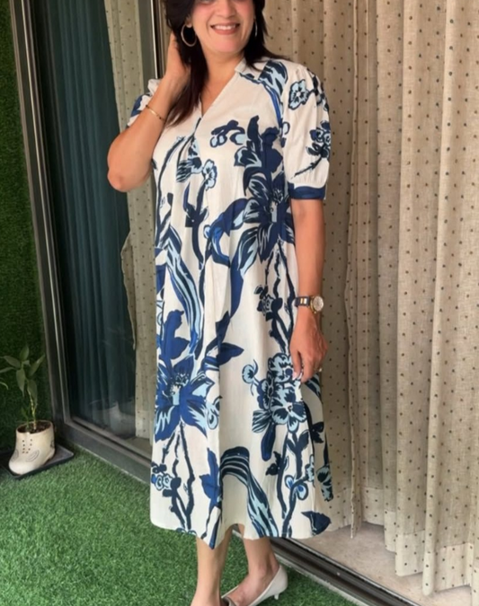 Cotton Flex Printed Blue Midi Dress