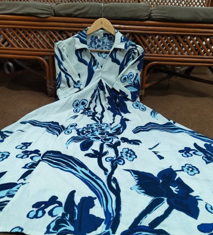 Cotton Flex Printed Blue Midi Dress