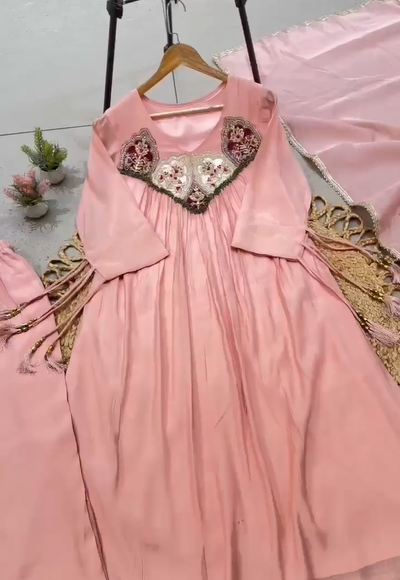 Exclusive Hand Work Mul Chanderi Gown Set