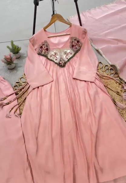 Exclusive Hand Work Mul Chanderi Gown Set