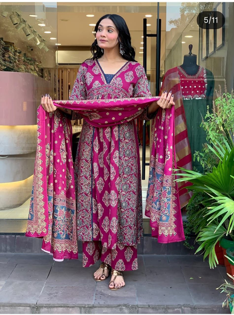Elegant Anarkali Embroidered Cotton Kurta Set