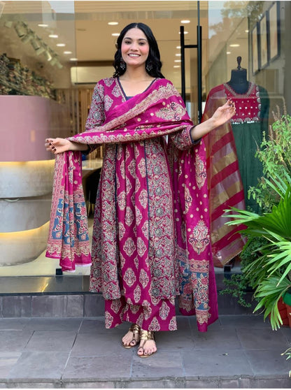 Elegant Anarkali Embroidered Cotton Kurta Set