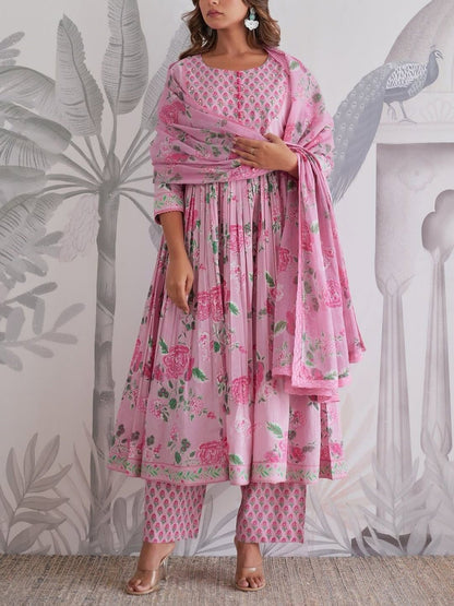 Pink Floral Anarkali Cotton Kurta Set