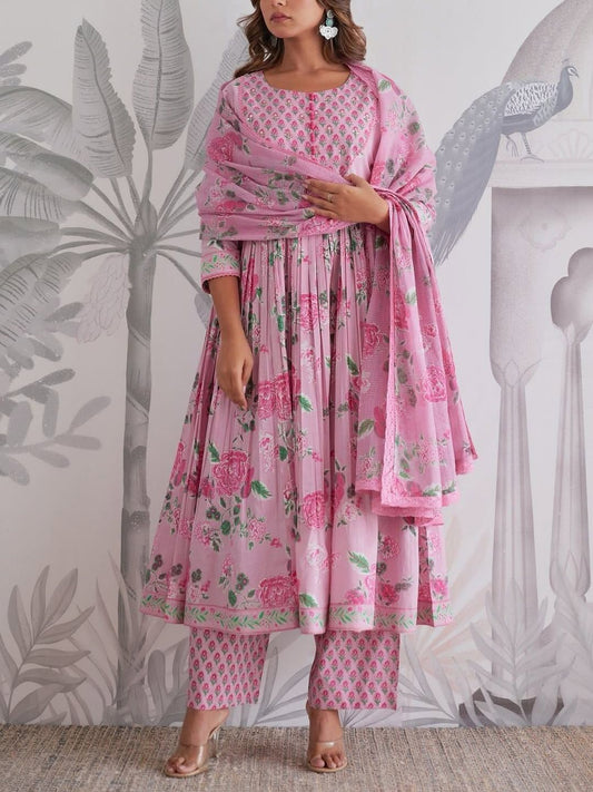 Pink Floral Anarkali Cotton Kurta Set