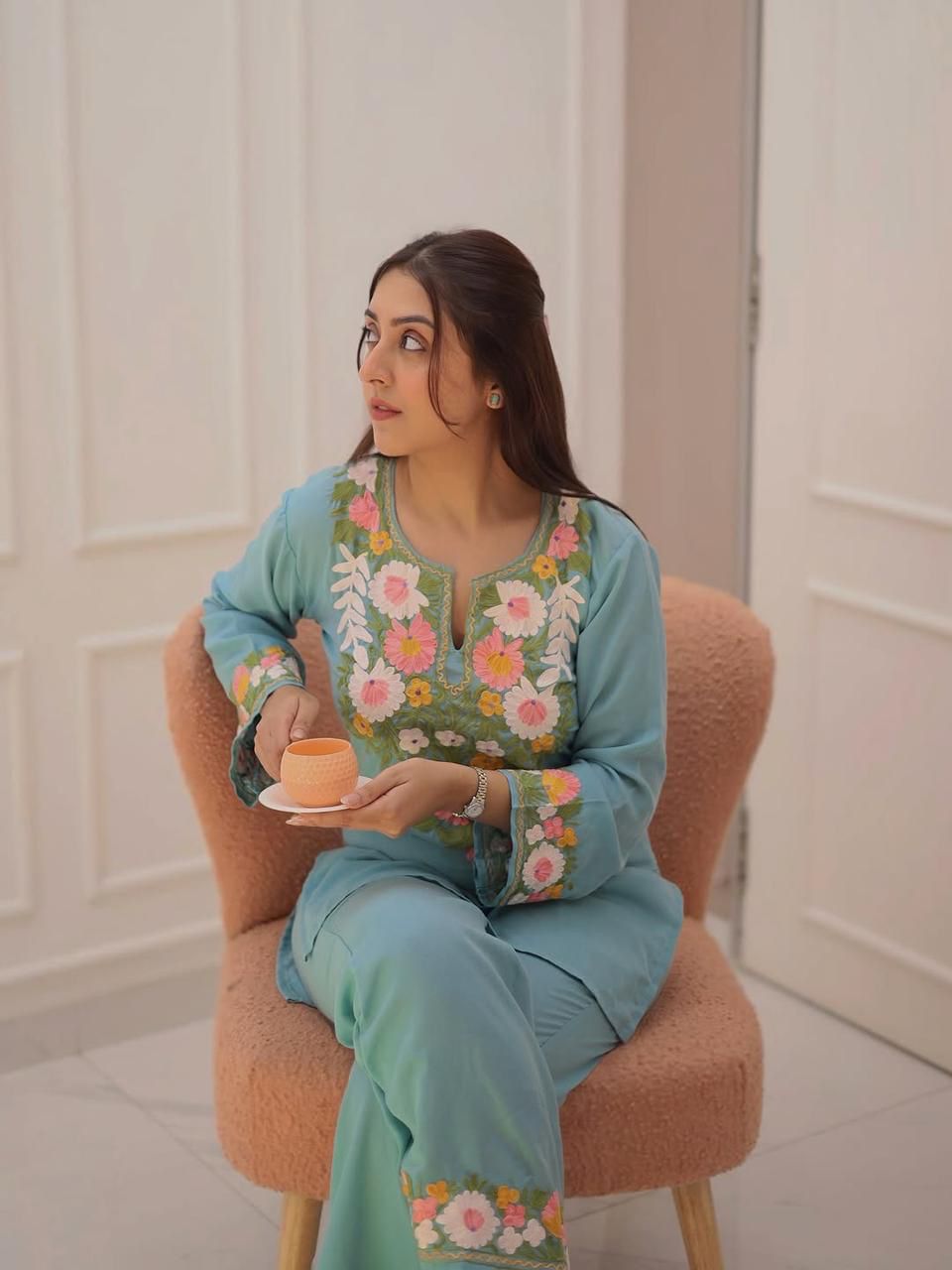 Sky Blue Embroidered Cotton Co-ord Set
