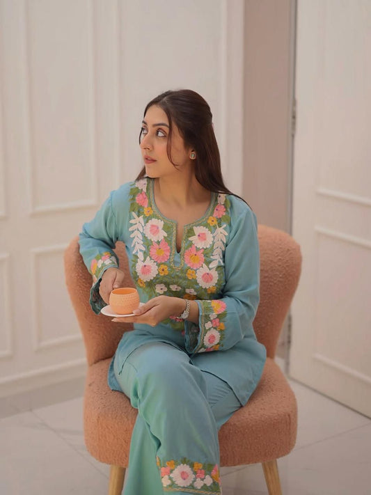 Sky Blue Embroidered Cotton Co-ord Set