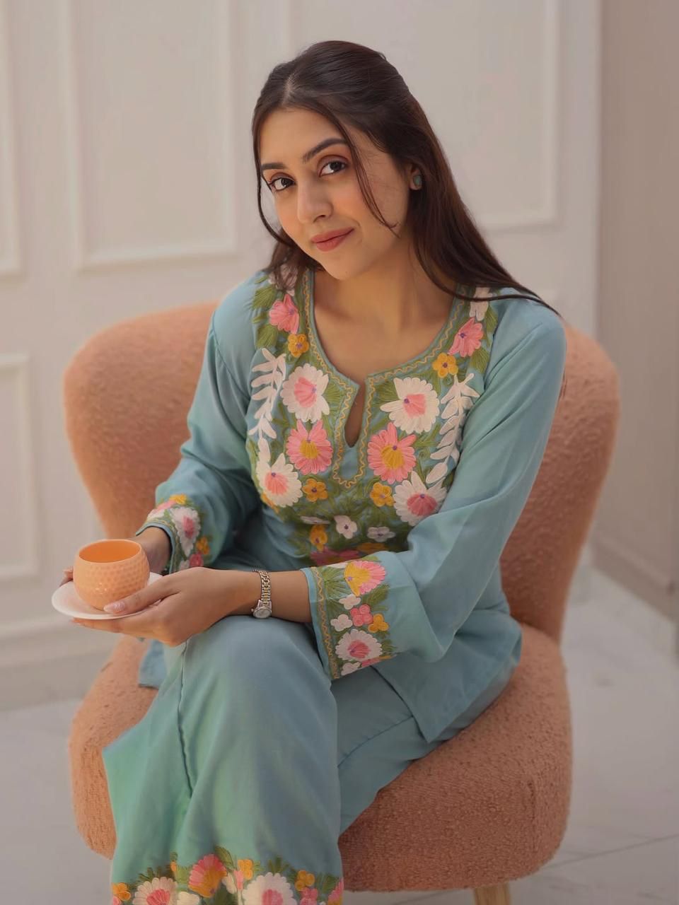 Sky Blue Embroidered Cotton Co-ord Set