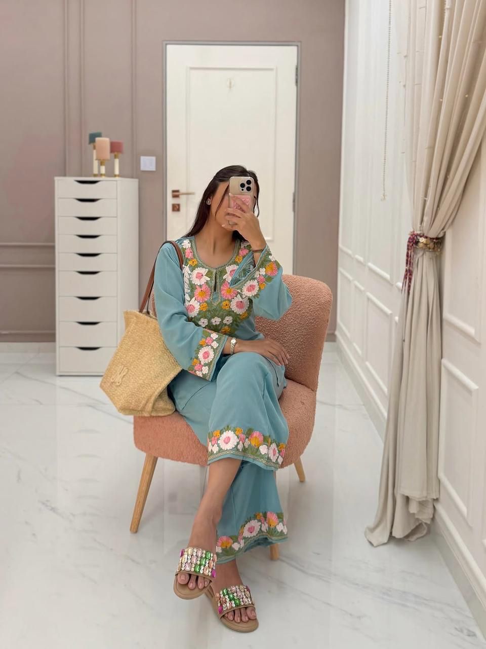 Sky Blue Embroidered Cotton Co-ord Set