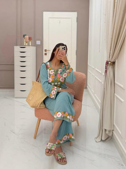 Sky Blue Embroidered Cotton Co-ord Set