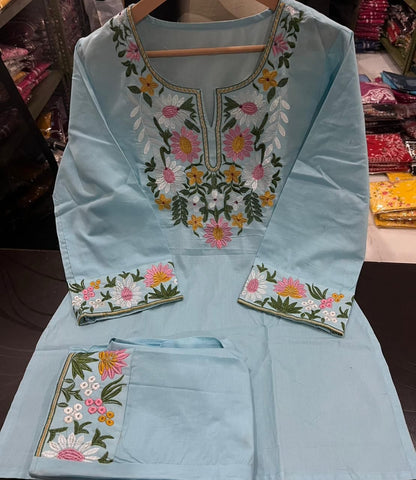 Sky Blue Embroidered Cotton Co-ord Set
