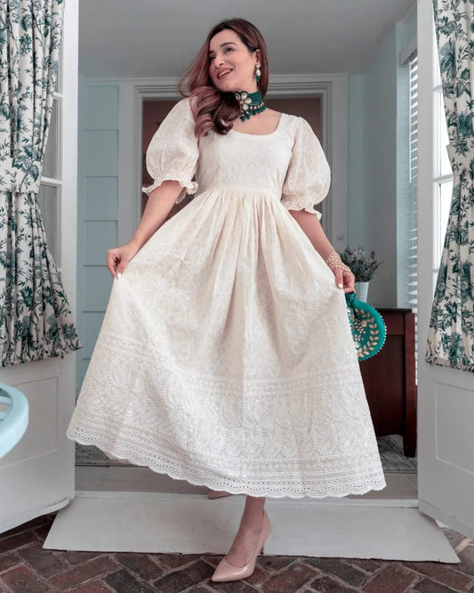 Lucknowi Chikankari White Cotton Dress