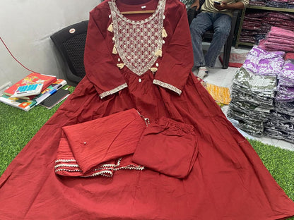 Elegant Red Cotton Kurta 3-piece Set