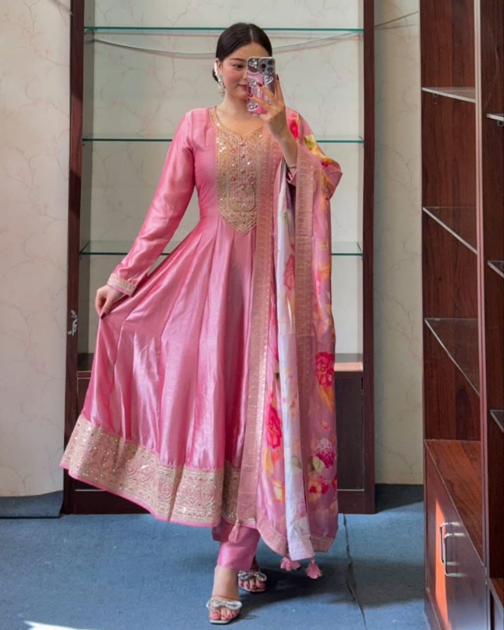 Elegant Pink Silk Anarkali Set