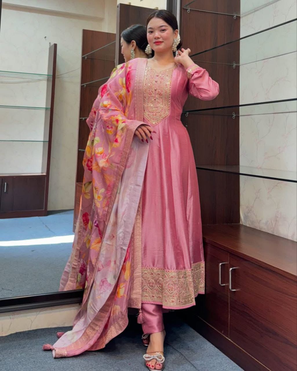 Elegant Pink Silk Anarkali Set