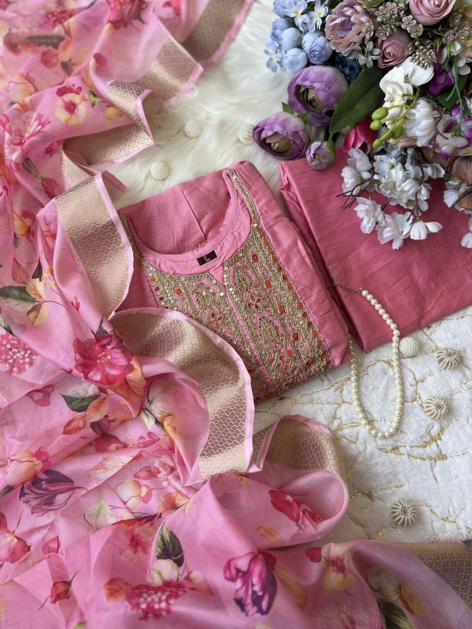 Elegant Pink Silk Anarkali Set