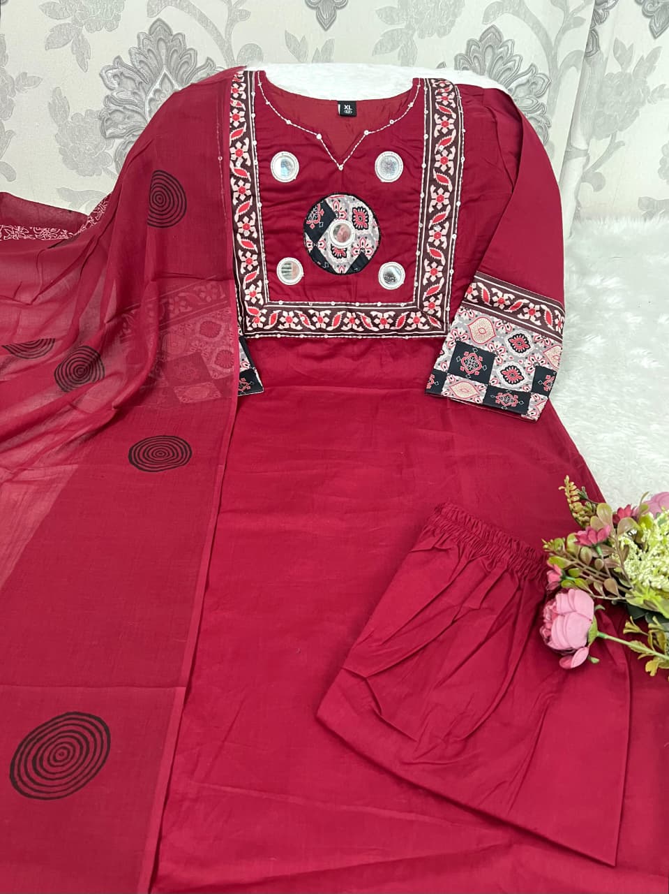 Elegant Maroon Mirror Work Cotton Kurta Set