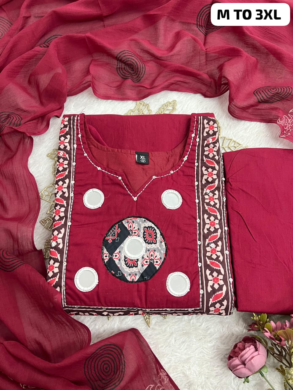 Elegant Maroon Mirror Work Cotton Kurta Set