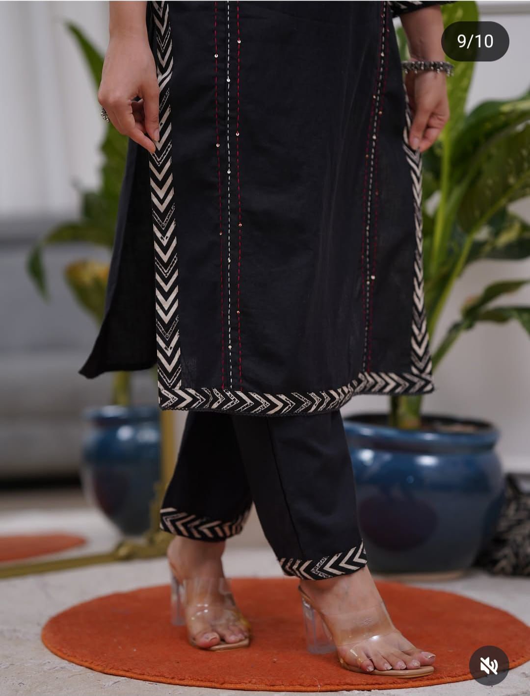 Premium Black Katha Work Cotton Kurta Set