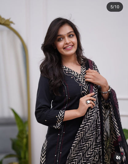 Premium Black Katha Work Cotton Kurta Set
