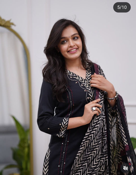Premium Black Katha Work Cotton Kurta Set