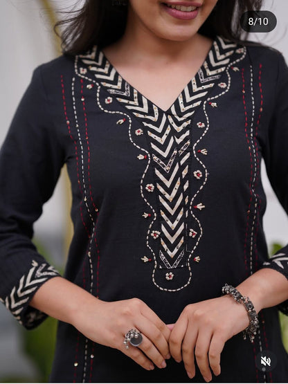 Premium Black Katha Work Cotton Kurta Set