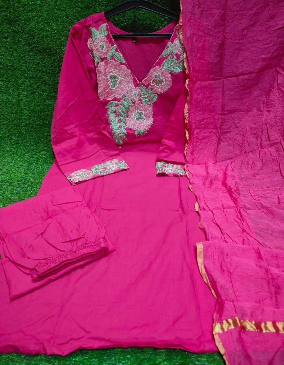Pink Floral Kurta Set With Chanderi Dupatta