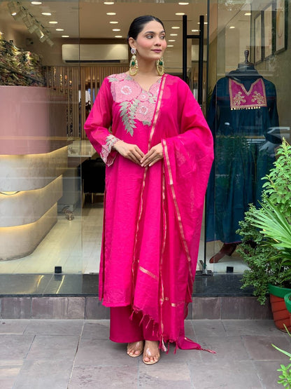 Pink Floral Kurta Set With Chanderi Dupatta
