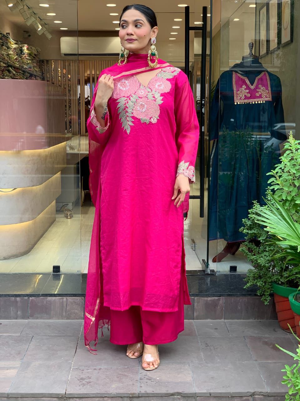 Pink Floral Kurta Set With Chanderi Dupatta