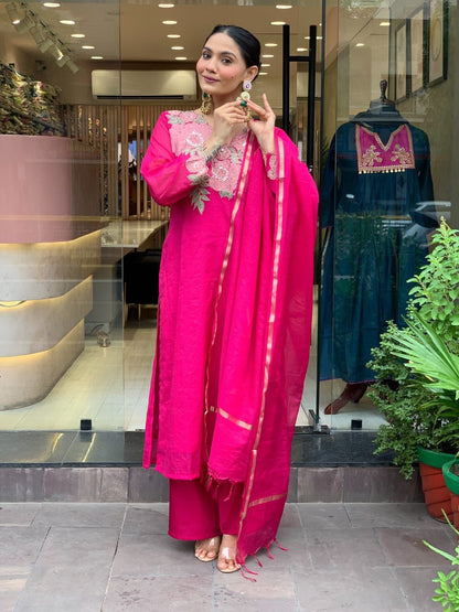 Pink Floral Kurta Set With Chanderi Dupatta