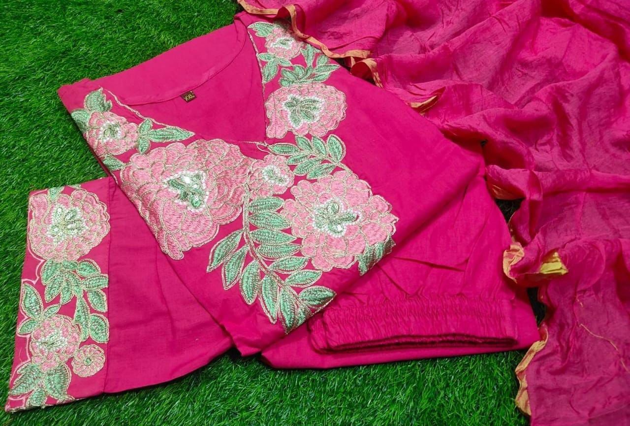 Pink Floral Kurta Set With Chanderi Dupatta
