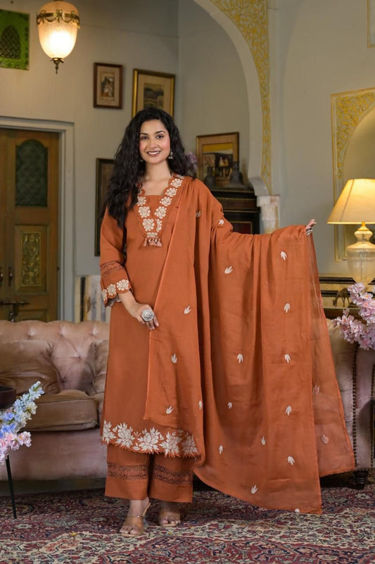 Elegant Rust Cotton Kurta 3-Piece Set