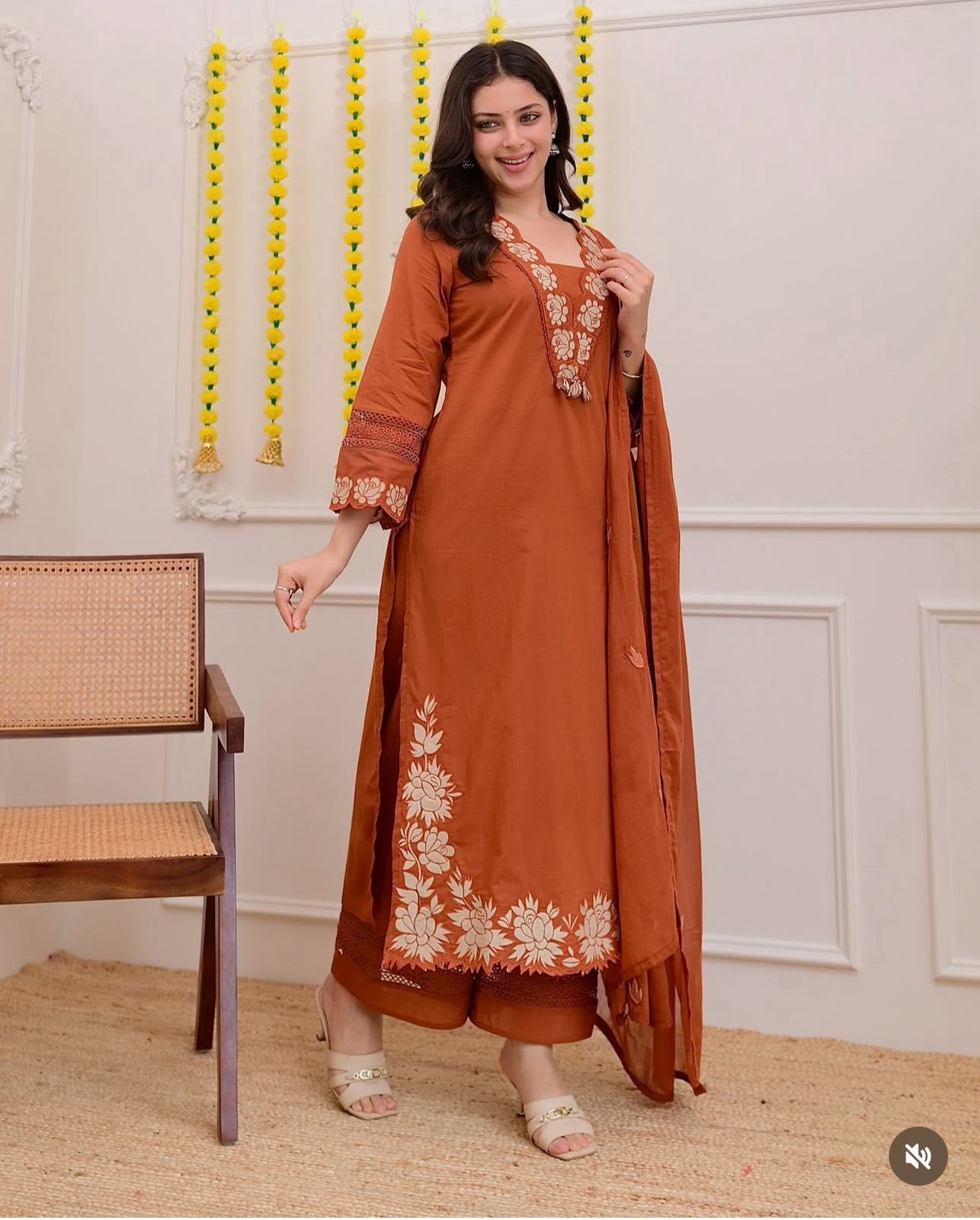 Elegant Rust Cotton Kurta 3-Piece Set