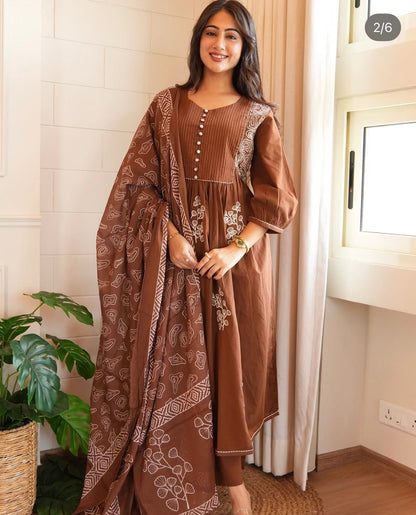 Elegant Embroidered  Anarkali Cotton Kurta Set