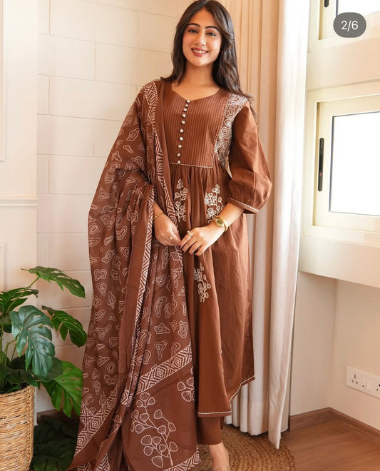 Elegant Embroidered  Anarkali Cotton Kurta Set