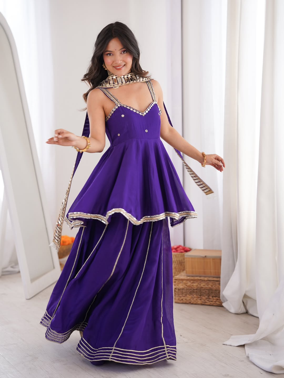 Purple Chinon Mirror Work Plazzo Set