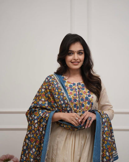 Elegant White-Blue Khadi Cotton Kurta Set