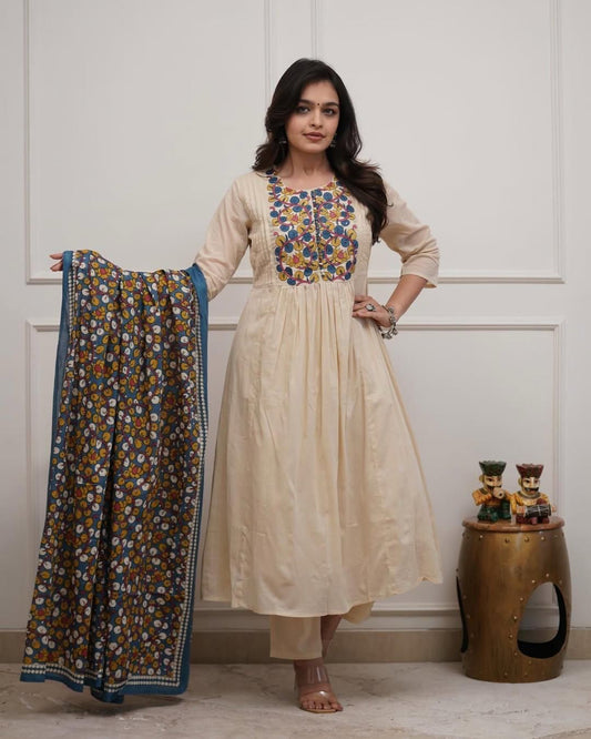Elegant White-Blue Khadi Cotton Kurta Set