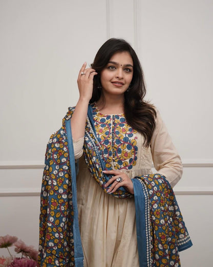 Elegant White-Blue Khadi Cotton Kurta Set