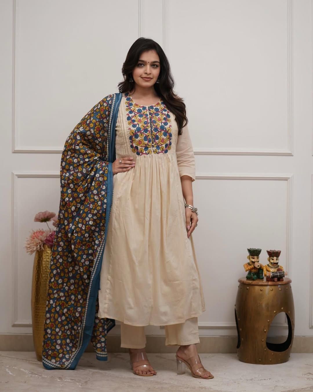 Elegant White-Blue Khadi Cotton Kurta Set