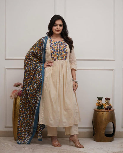Elegant White-Blue Khadi Cotton Kurta Set