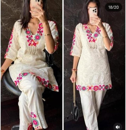 White Colourful Cotton Schiffli Co-ord Set