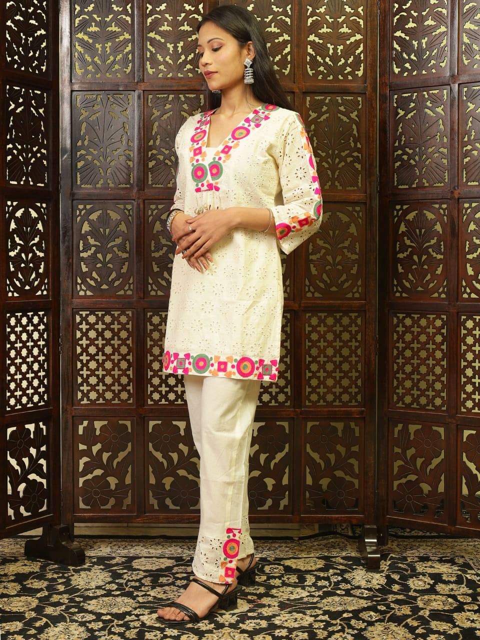 White Colourful Cotton Schiffli Co-ord Set
