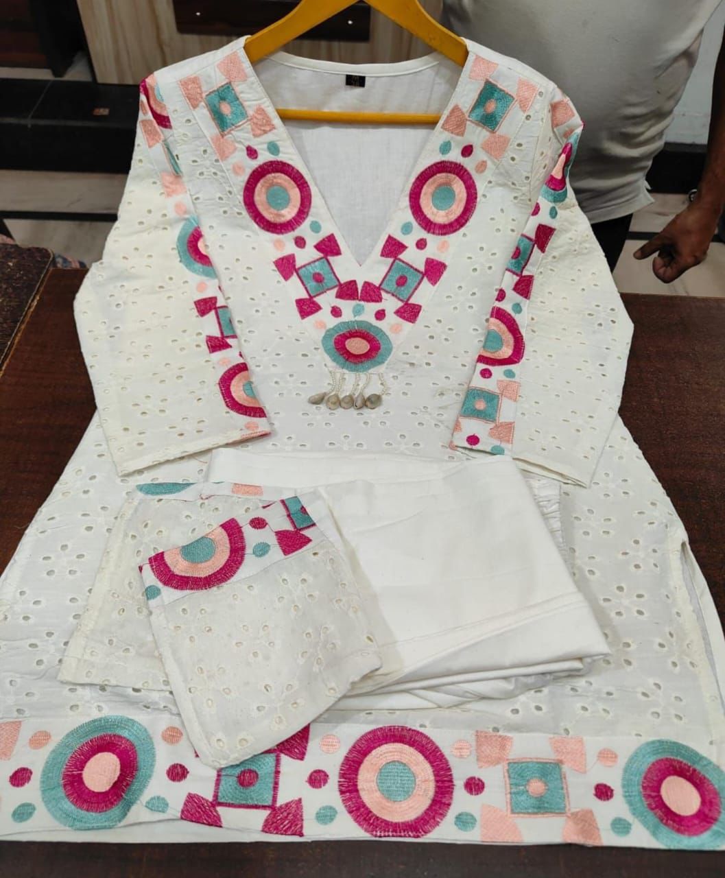 White Colourful Cotton Schiffli Co-ord Set