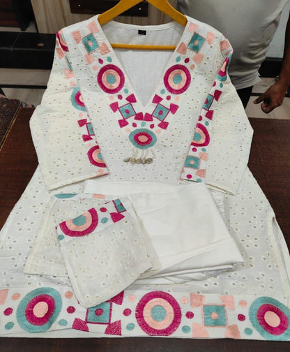 White Colourful Cotton Schiffli Co-ord Set